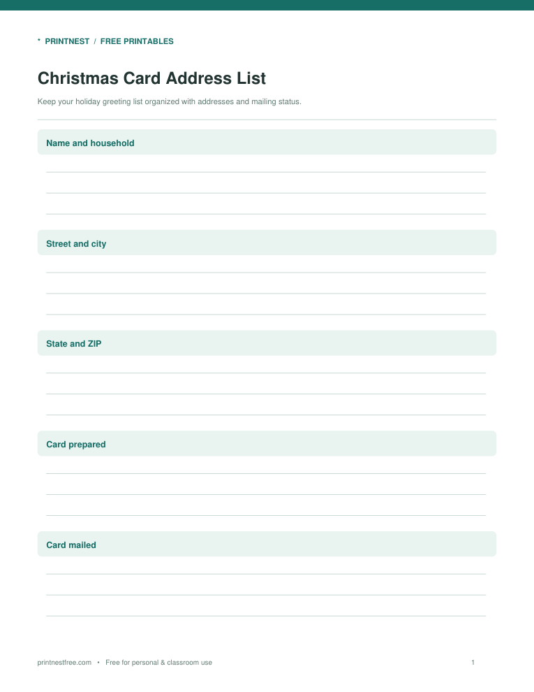 First page preview of Christmas Card Address List