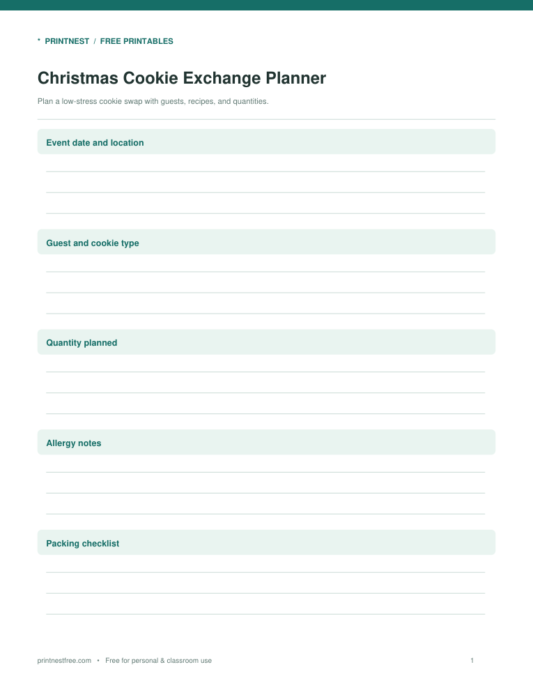 First page preview of Christmas Cookie Exchange Planner