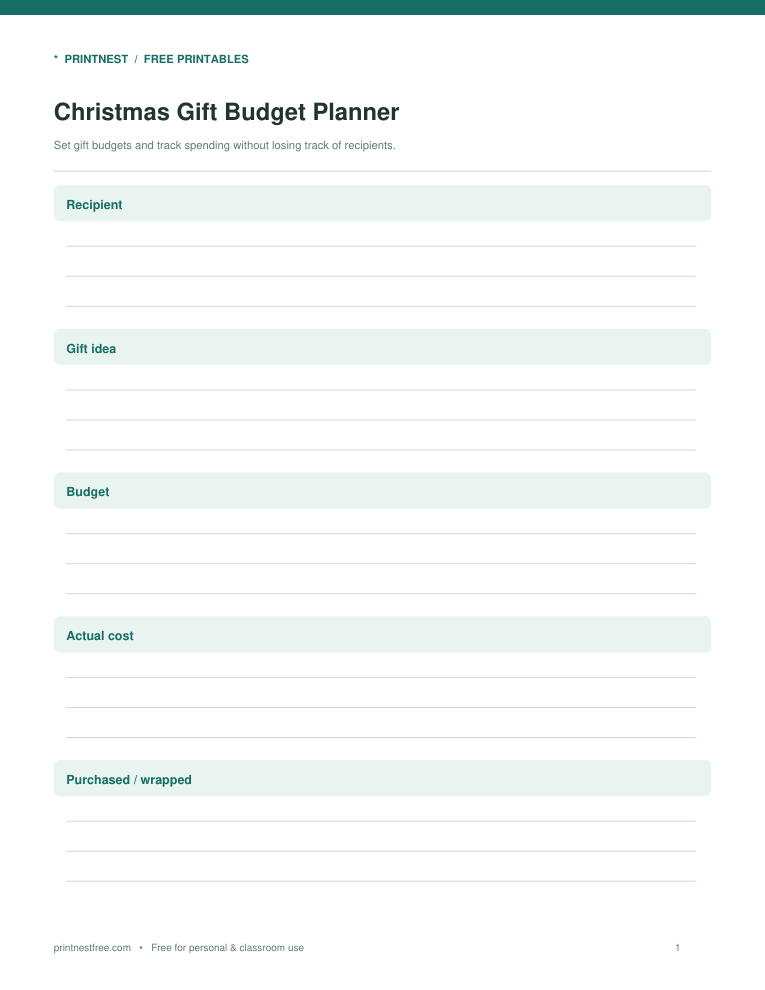 First page preview of Christmas Gift Budget Planner