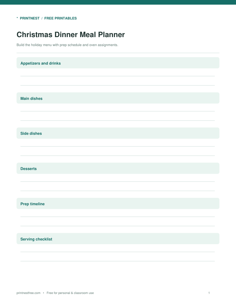 First page preview of Christmas Dinner Meal Planner