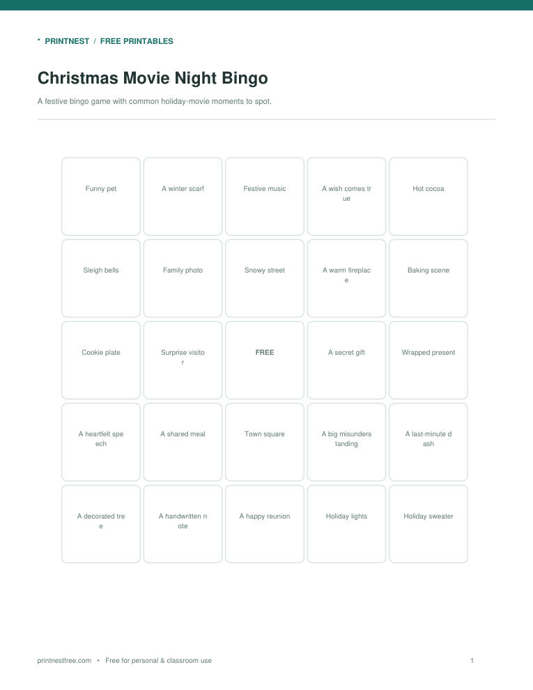 First page preview of Christmas Movie Night Bingo