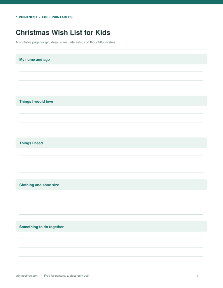 First page preview of Christmas Wish List for Kids