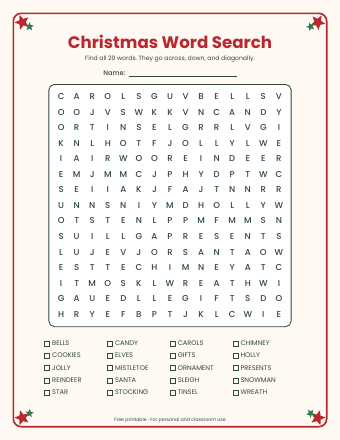 Preview of the first page of Christmas Word Search