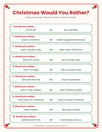Preview of the first page of Christmas Would You Rather Questions