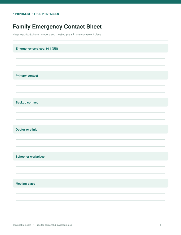 First page preview of Family Emergency Contact Sheet