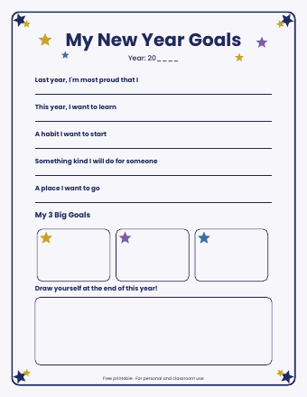 Preview of the first page of New Year Goals Worksheet for Kids