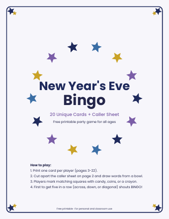 Preview of the first page of New Year's Eve Bingo (20 Cards)