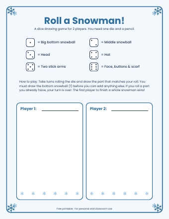 Preview of the first page of Roll a Snowman Dice Game