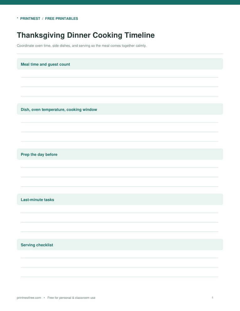 First page preview of Thanksgiving Dinner Cooking Timeline