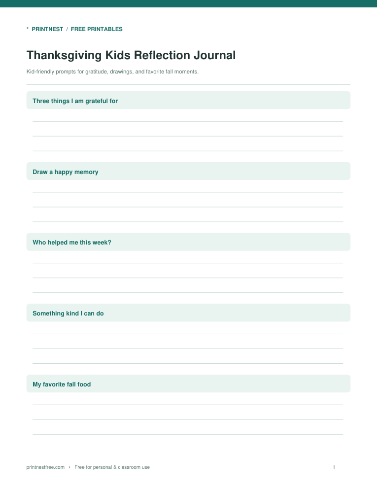 First page preview of Thanksgiving Kids Reflection Journal