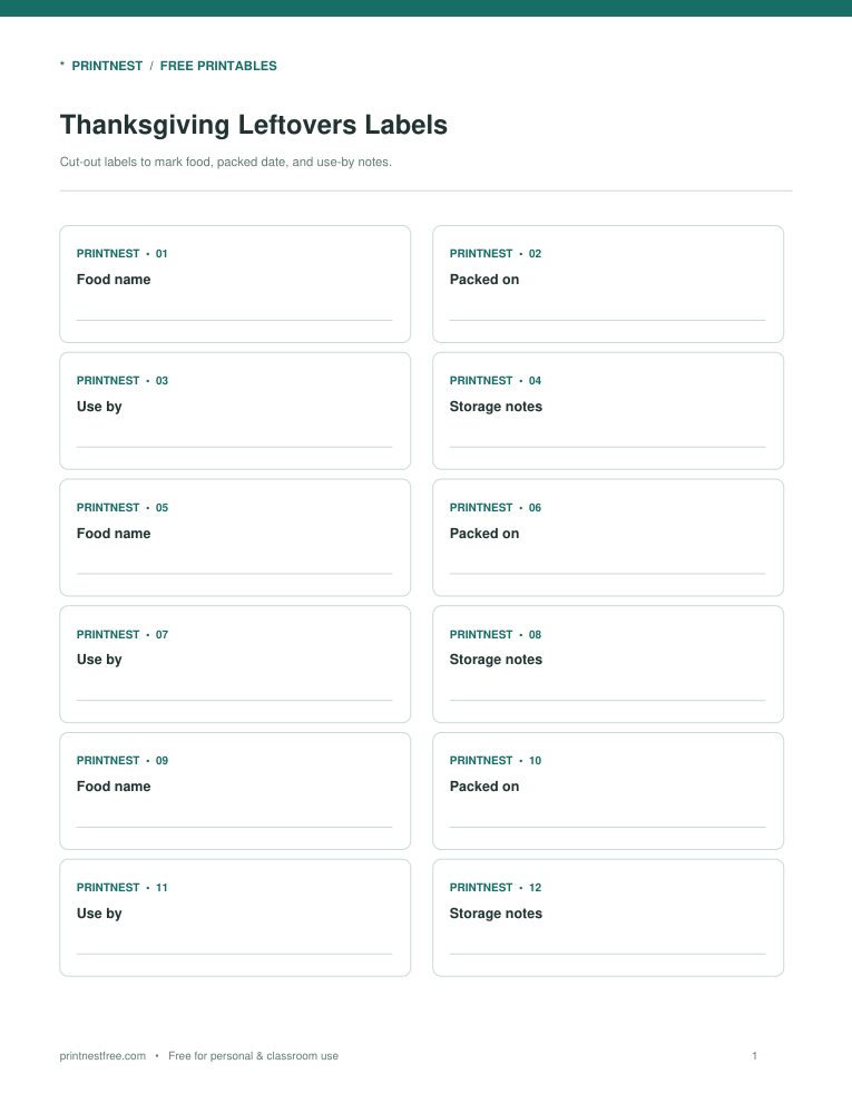 First page preview of Thanksgiving Leftovers Labels