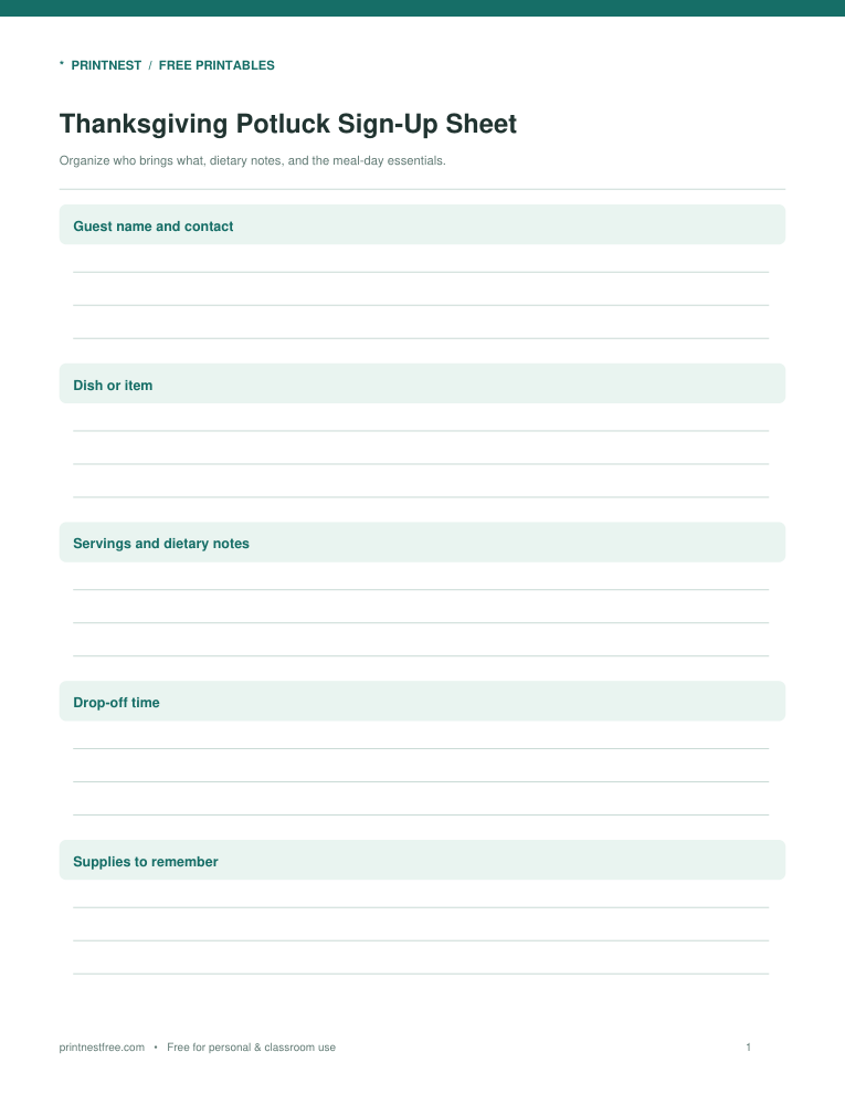 First page preview of Thanksgiving Potluck Sign-Up Sheet