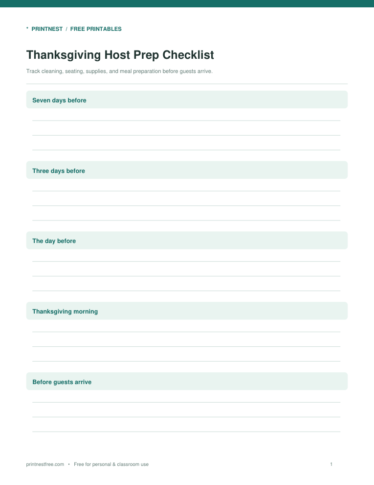 First page preview of Thanksgiving Host Prep Checklist