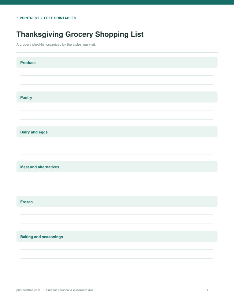 First page preview of Thanksgiving Grocery Shopping List
