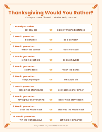 Preview of the first page of Thanksgiving Would You Rather Questions