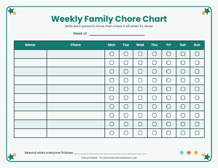 First page preview of Weekly Family Chore Chart