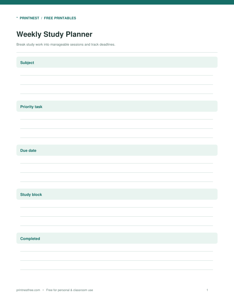 First page preview of Weekly Study Planner